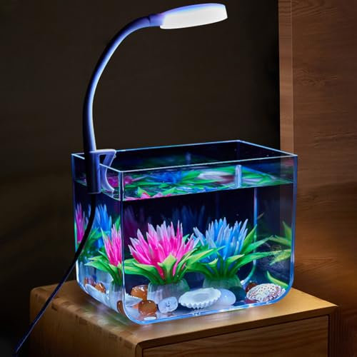 Aptliton Aquarium Fish Tank, Transparent Aquarium Tank with Clip On Lamp, Small Desktop Fish Tank Kit Decorative for Betta Fish, Shrimp, Goldfish On Living Room Office(15x11x13 cm)