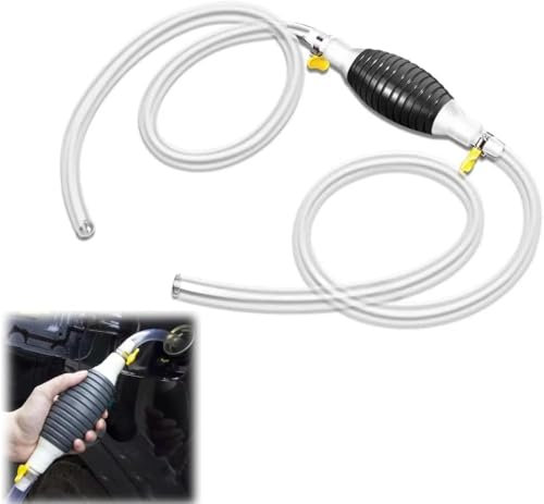 Fuel Siphon Pump with 2 PVC Hoses for Gas, Oil, Diesel, Petrol and Water - Fish Tank Transfer Pump with Hose Clip