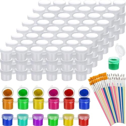 Junterone 150 Paint Pots with Lids and 50 Brushes Empty Paint Containers with Lids 50ml for Art Lessons in Kids Classrooms and Schools