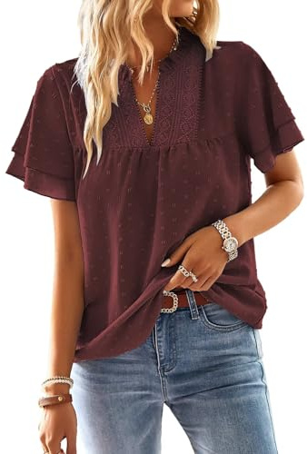 TUUHAW T Shirt Donna Elegante Manica Corta Magliette con Scollo a V Estiva | Boho Camicia, Casual Volant Abbigliamento, Pizzo Top, Casual Camicia, Traspirante Classica Lavoro, Vintage Affari Tunica Moda