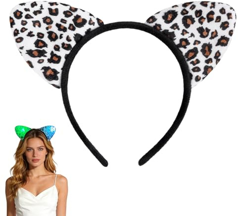 Aitsite Leoparden Ohren Haarreif Damen, Leoparden Stirnband LED Leuchtend Haarschmuck Leopard Katzenohr Stirnbänder Karneval Accessoire Kopfschmuck für Damen Karneval Masquerade Cosplay Party