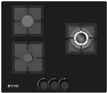 Placa de Gas EVVO V65 Glass, 3 Quemadores con Wok, Cristal Templado Negro, Encendido Eléctrico, Compatible Gas Natural y Butano