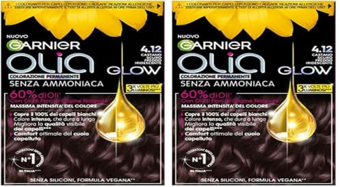 Garnier Olia Glow, Colorazione Permanente Senza Ammoniaca, Copre il 100% dei Capelli Bianchi, Con Oli di Fiore di Origine Naturale, Formula Vegana, Castano Scuro Freddo Iridescente (Confezione da 2)