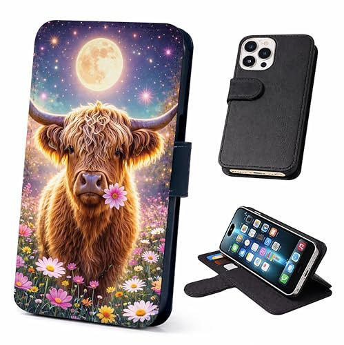 Highland Cow Moon Wallet Phone Case Flip Cover Compatible with iPhone SE, X, XR, 11, 12, 13, 14, 15, 16 16E, 17 (Air, Plus, Mini, Pro, Max Models) – Faux Leather Scotland Floral Flowers