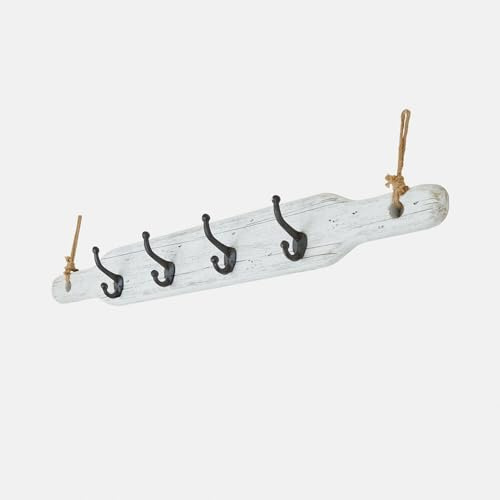 Loberon Hakenleiste Havsberg - Vintage-Charme - Vier Stabile Doppelhaken - Schlankes Format - Garderobe - Paulowniaholz - Eisen, antikweiß