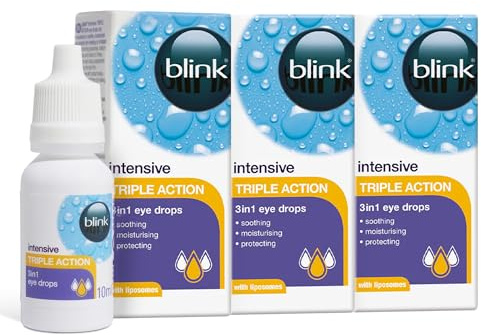 Blink Intensive Triple Action Eye Drops for Dry Eyes, 3 x 10 ml | Bausch + Lomb, Liposomes, Hyaluronate and Vitamin E, Suitable for Contact Lens Users