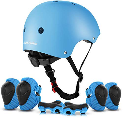 ValueTalks Kids Bike Helmet and Pads Set 7pcs Adjustable Kids Skate Helmet Knee Pads Elbow Pads Wrist Pads for Bicycle Scooter Roller Skate (Blue)
