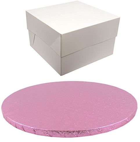 12 Inch Round Coloured Drum Cake Board and White Transporting Box Sets (Pale Pink)