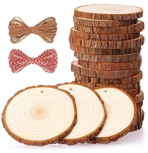 Fuyit Tranches de Bois Naturel 20 Pcs 9-10cm Bois Brut Inachevé Pré-Percé avec Trou Rondin de Bois Idéal pour Les Arts et l'artisanat Décorations de Noël Artisanat Bricolage