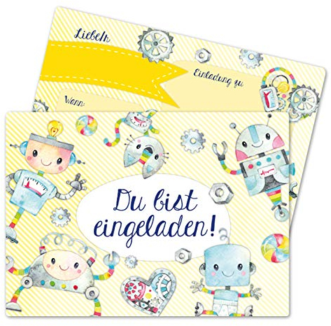 Papierdrachen 12 Einladungskarten zum Kindergeburtstag für Jungen - Motiv Roboter - Geburtstagseinladungen für deine Geburtstagsparty (DIN A6)