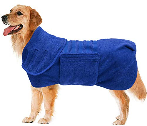 Geyecete Hundebademantel aus Mikrofaser, schnell trocknend Badetuch mit Klettverschluss,sehr saugfähig Bademantel für Hunde und Katzen,Haustier Handtuch-Blau-S