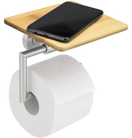 bremermann Bad-Serie Piazza Bambus- Toilettenpapierhalter mit Bambusablage 2in1, Toilettenpapierrollenhalter, WC-Rollenhalter, Toiletpaper Holder, aus Bambus und Edelstahl matt