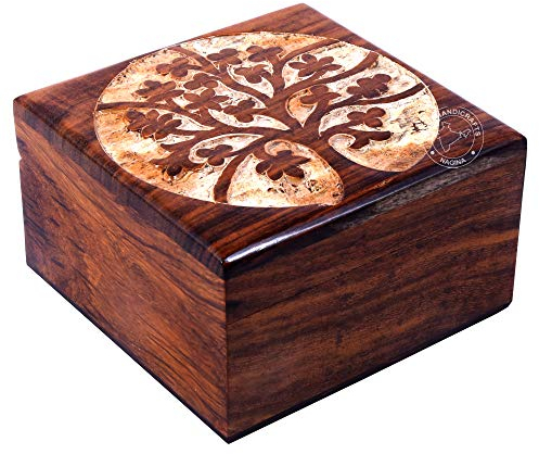 Antique Handmade Wooden Urn Tree of Life Engraving Handcarved Jewellery Box for Women-Men Jewel | Home Decor Accents | Decorative Boxes | Storage & Organiser (4.5 x 4.5 x 2.5, Rosewood Tree)