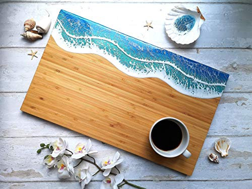 Ocean Sea Wave art Large Cutting bamboo board, blue serving board, Turquoise chopping board, teal handmade cheese board, Resin art