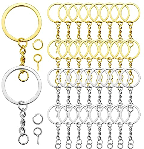 schlüsselanhänger ring,50 Stück Schlüsselringe mit Gliederkette,Schlüsselanhänger mit Gliederkette, 50 Stück offene Binderinge,50 Stück ösenstifte schmuck, 25 mm Durchmesser (Silber+Gold)