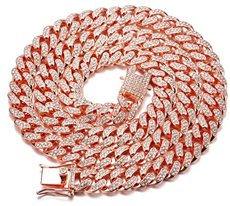 HALUKAKAH Diamante Catena Cubana per Donna Ragazza,13.5MM Placcato in Oro Rosa Girocollo Collana 40cm,Pieno Cz Diamante Punte Set,con Pacco Regalo