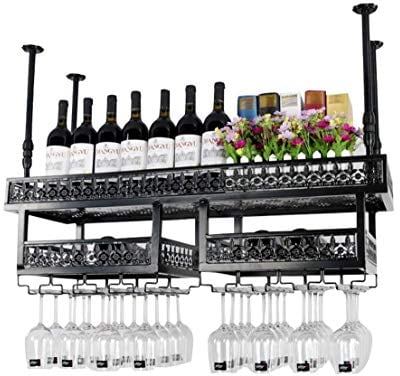 SBTXHJWCGLD American Wall Cabinets Metal Storage Shelves Storage Iron Household Loft Ceiling Hanging Glass Champagne Beaker Wine Vase Wine Rack, Black, 120×31cm