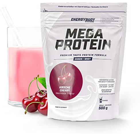 Energybody Mega Protein Kirsch 500 g/Mehrkomponenten Protein Pulver mit Casein Whey Mix als Eiweiss Protein Pulver/Eiweiß Shake ohne Aspartam/Eiweißpulver / 20 Portionen