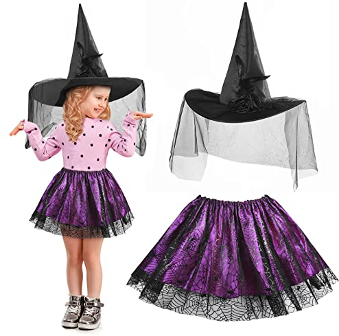 Fennoral 2-teilig Halloween Hexenkostüm Kind Spinnennetz Hexenrock mit Hexenhut Hexe Cosplay Zubehör für Halloweenparty Karneval Maskerade Rollenspiele