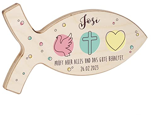 Striefchen® Personalisierter Deko-Fisch aus Holz für Taufe, Kommunion und andere Anlässe 19,5 cm x 11 cm x 1 cm (B/H/T) Liebe, Glaube, Hoffnung