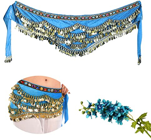 Damen Bauchtanz Hüfttuch Kostüm, Bauchtanz Kostüm mit 245+ Münzen(Hellblau) | Bauch Tanz Hüfttuch Orientalischer Tanz Accessoires für Bühnenaufführungen,Geburtstagsaufführungen,Partyaufführungen