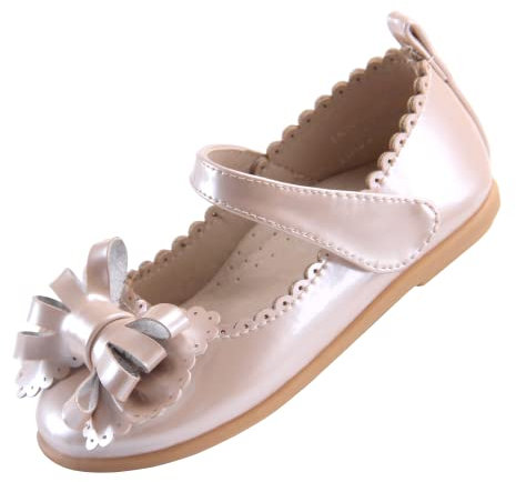 EIGHT KM Scarpe da Bambina Piccola Mary Jane Principessa da Sposa Ballerine EKM7063 Fiocco in Pelle Verniciata Beige Taglia EU 28