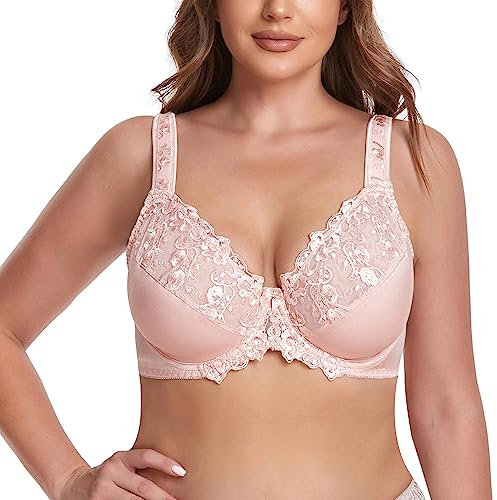 Ayigedu UK Women's Underwire Bra Lace Non Padded Plus Size Full Coverage Minimizer Bras 38-GG Pink