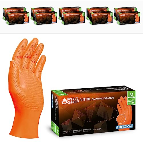 PROGRIP Einweghandschuhe Diamant Grip, Orange, Einmalhandschuhe Extra Stark, Nitrilhandschuhe Gr. M, 2x dicker, Handschuhe Einweg, Arbeitshandschuhe für Werkstatt & Montage, 500 Stück (10x50 Stk)
