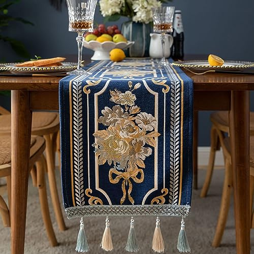 Luxus Tischläufer mit Multi-Quasten, Lange Elegante Stickerei Jacquard Tischläufer Kommode Schal für Esszimmer Party Bankett Couchtisch, Blau, 32x140cm