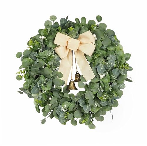 FLOROAD 26-28 inch Eucalyptus Wreath for Front Door Decor, Large Simple Greenery Wreath Decoration for Spring Summer All Year Round, Handmade with Artificial Eucalyptus Leaf Metal Bell Burlap Bow