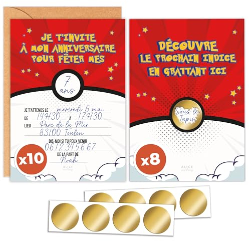 aliceandberry Set mit 10 Einladungskarten zum Geburtstag, Manga + 8 personalisierbare Rubbelkarten für Schatzsuche – inkl. Umschläge – Party Jungen und Mädchen von 5 – 11 Jahren