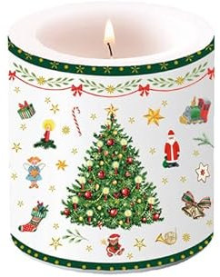 Ambiente Kerze Stumpenkerze Lampionkerze 9 cm hoch Brenndauer ca 35h Weihnachten Advent Tannenbaum grün Zweige Christmas evergreen