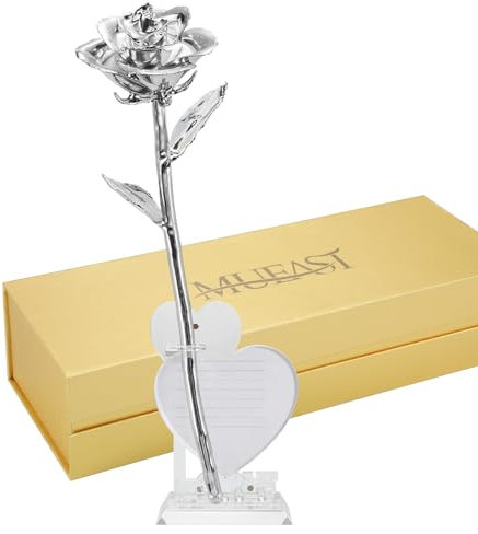 MUEAST Rosa real bañada en plata, rosa real Best 25th para esposa mamá (plata con soporte de amor)