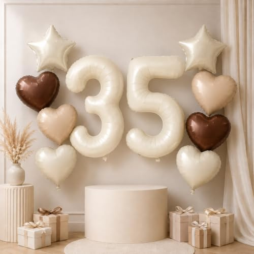 Luftballons 35. Geburtstag für Frauen, Groß Beige Creme Nude Zahl 35 Ballons Stern Folienballon Deko, Braun Aprikose Neutraler Helium Herz Luftballon für Frau Geburtstagsdeko Party Hochzeit Dekoration