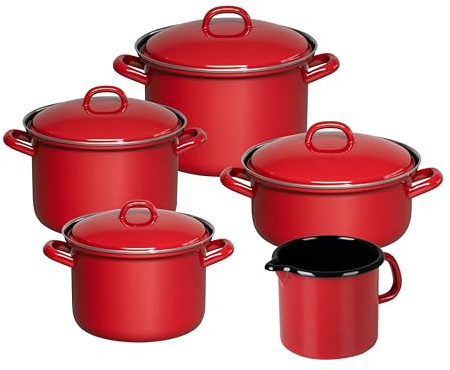 Riess, 0346-020, Classic-Set, 5tlg, COLOR ROT, Fleischtöpfe mit Deckel, 16cm - 1.5l, 18cm - 2.5l, 20cm - 3.5l, Kasserolle mit Deckel, 20cm - 2l, Schnabeltopf 12cm - 1l, Emaille, Kochtopfset