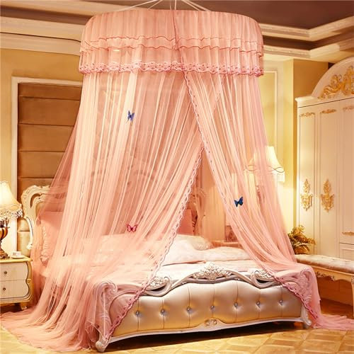 ENEN Spitzenkante Moskitonetz Bett Baldachin, Betthimmel Kinderbett Prinzessin Betthimmel Fliegennetz Moskitonetze Reise Moskitonetz - Schmetterlingsornamente Nicht Enthalten (Blasses Rosa)