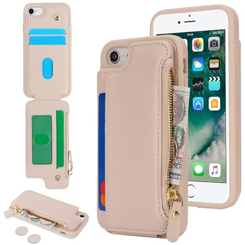 Sailortech Etui pour iPhone 7/8/SE2/SE3 Étui avec porte-cartes de crédit, Housse pour iPhone SE 2020/SE 2022 Étui à fermeture éclair Portefeuille avec fentes pour cartes de crédit-Abricot