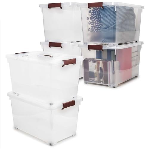 EZOWARE 52L Stackable Storage Bin Container with Latching Lid, Set of 6 Clear Plastic Tote Organiser Latch Box with Handles and Wheel - 57x38x32 cm