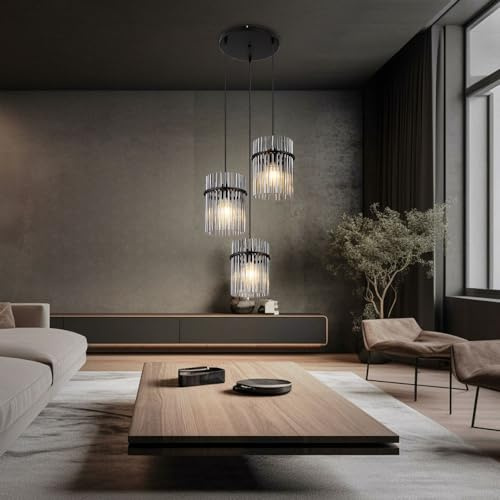 LED Hängeleuchte Pendellampe Esszimmerleuchte Wohnzimmerlampe Deckenleuchte, Metall Glasstäbe schwarz rauchfarben, 3x 7W 806Lm warmweiß, H 140 cm