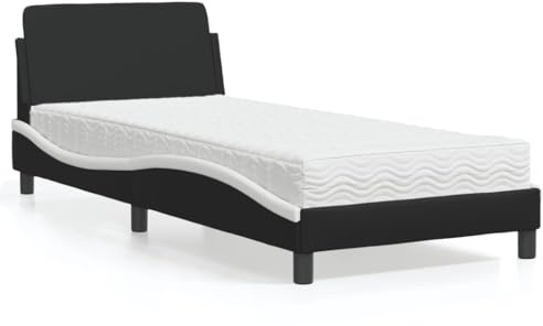IKAYAA Bett 80x200 mit matratze und lattenrost Boxspringbett 80x200 mit matratze Polsterbett 80x200 Bett komplett mit Kopfteil Kunstleder-Schwarz und Weiß-80 x 200 cm