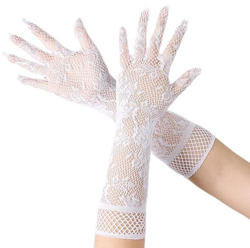 Kisstta Damen Weiße Handschuhe, Lange Spitze Lange Netz Handschuhe, Elbow to Wrist, Damen Hochzeit Fingerhandschuhe für Hochzeit Diner Party Tea Party Cosplay Oper Abend Party Kostüm Zubehör