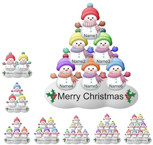 2024 Personalisierter Schneemann-Weihnachtsschmuck, 2/3/4/5/6/7/8/9-köpfige Familie, Individuelle Namen Weihnachtsbaum Anhänger Ornament, Weihnachtsbaum hängende Ornamente, 6-köpfige Familie