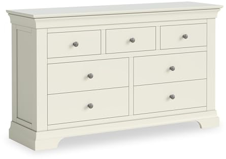 RoselandFurniture Colette Cream Wide 3 Over 4 Chest of Drawers | Fully Assembled, Wooden Storage Dresser with Plinth Base, Painted Pine, French Style, H76cm W130cm D38cm