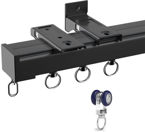 Gardinenschiene Aluminium, Vorhangschiene 1 Läufig Für Die Decken-oder Wandmontage Schiebegardinen Schiene Mit Hochleistungsrolle Für Wohn-/Schlafzimmer(Schwarz,1.6M/5.2FT)