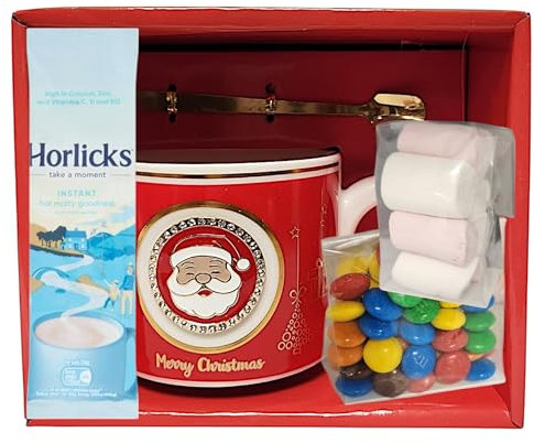 Hot Chocolate Gift Set with Mug, Horlicks, Marshmallows, Candies, and Spoon – Red or Green Options (1, Red Face)