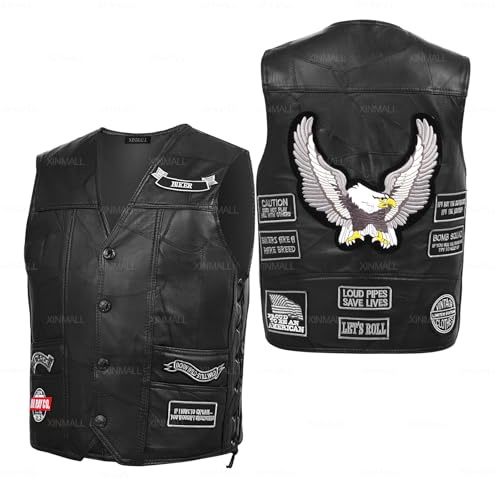 XINMALL Motorcycle Genuine Leather Biker Vest for Men Club Style Classic Black With Patches