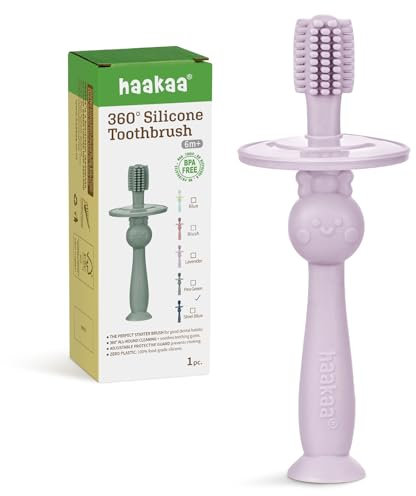 haakaa 360° Baby Toothbrush with Suction Base - Gentle Cleaning for Infant Self-Brushing Training, Sorft Food-Grade Silicone, Baby Teething Relief - Lavender, 1 Count