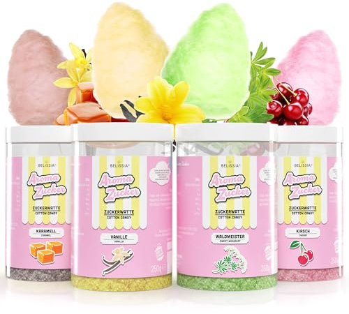 Belissia Aroma Zucker - 4er Set - 4x250g (1.000g) Aromatisierter Zucker für Zuckerwatte, Backen, Desserts, Slush & mehr - Farbig, Intensiv, Vielseitig