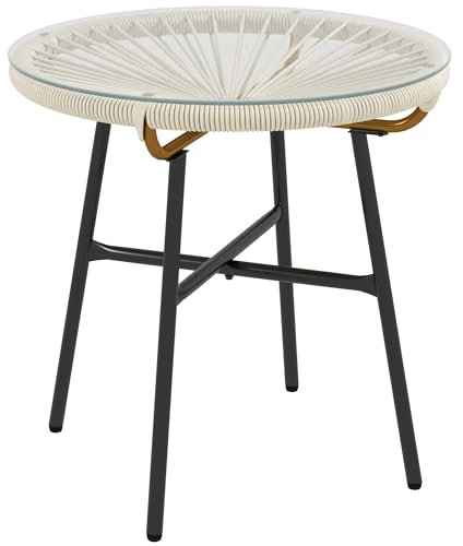 Outsunny Table Basse Ronde de Jardin en résine Aspect rotin métal et Plateau Verre trempé Ø 50 x 50 cm crème