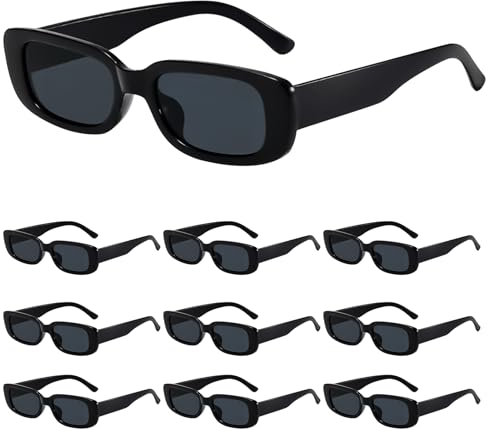 Spetsbst 10 Stück Vintage Sonnenbrille Damen Schwarz, Sonnenbrille Schmal Rechteckig 90er Trendy Sonnenbrillen Set Sun Glasseswomen Rave Brille Damen